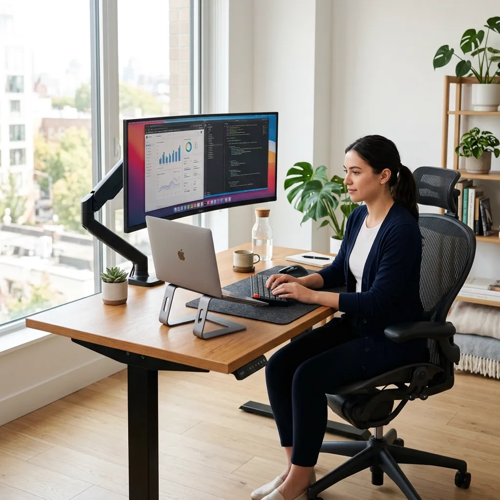 จัดมุมทำงาน Ergonomic ป้องกันออฟฟิศซินโดรมระยะยาว: รวม 4 ไอเทมเก้าอี้เพื่อสุขภาพ โต๊ะปรับระดับ แขนจับจอ และแท่นวางโน้ตบุ๊ก