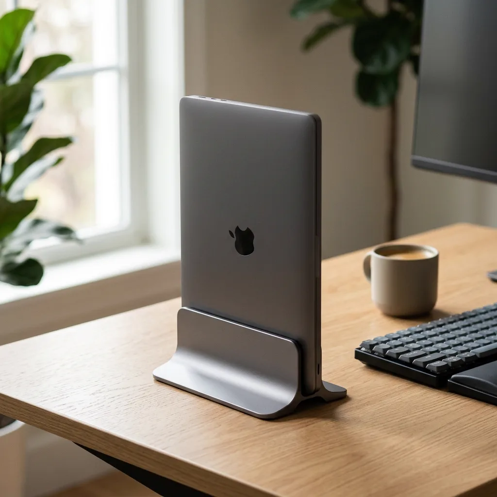คู่มือเลือก ขาตั้งโน้ตบุ๊กแนวตั้งอลูมิเนียม (Vertical Laptop Stand) จัดโต๊ะทำงานสไตล์มินิมอล เซฟพื้นที่เคาน์เตอร์ คืนความโปร่งโล่งระดับมือโปร